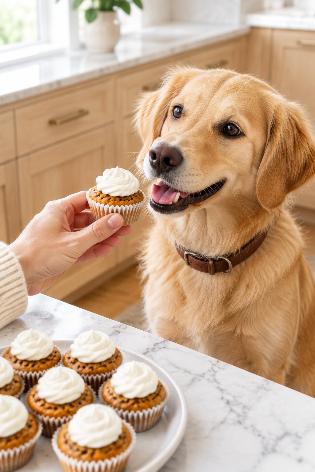 A golden retriever mix being offered one frosted dog pupcake.