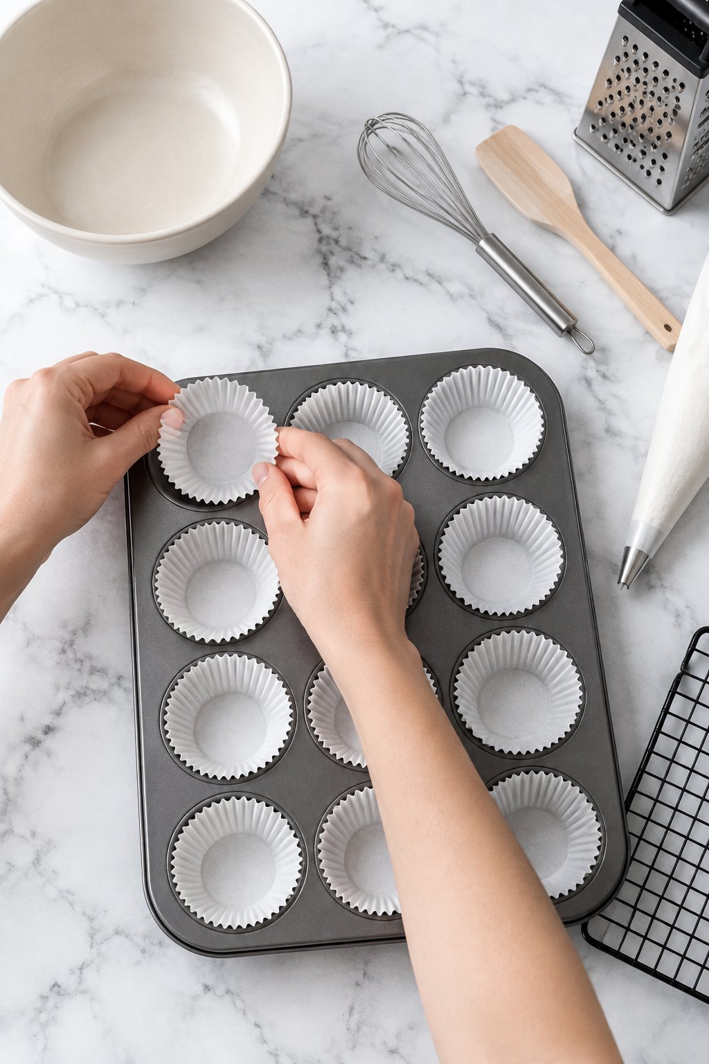 Hands placing white paper liners into an empty 12-cup mini muffin pan on the marble.