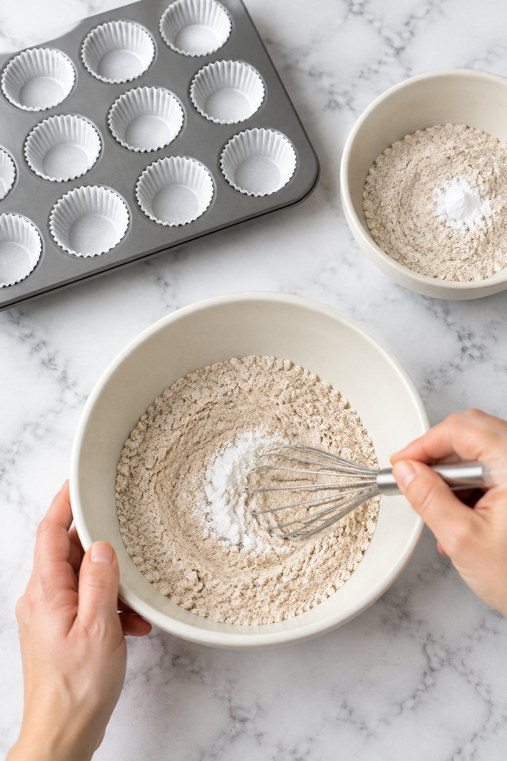 A small wire whisk mixing whole wheat flour and baking soda in a bowl.