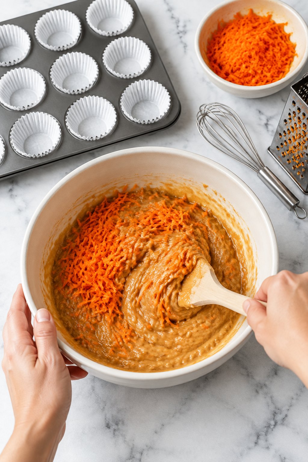 Finely grated orange carrot being stirred into a smooth mixture of applesauce, peanut butter and egg in an ivory bowl.