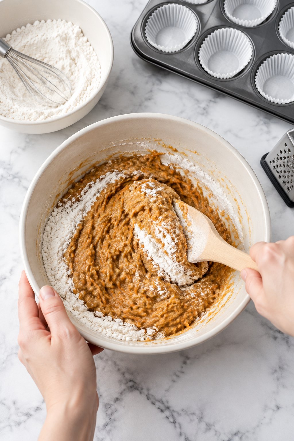 A spatula folding flour into the carrot batter until thick and evenly mixed.