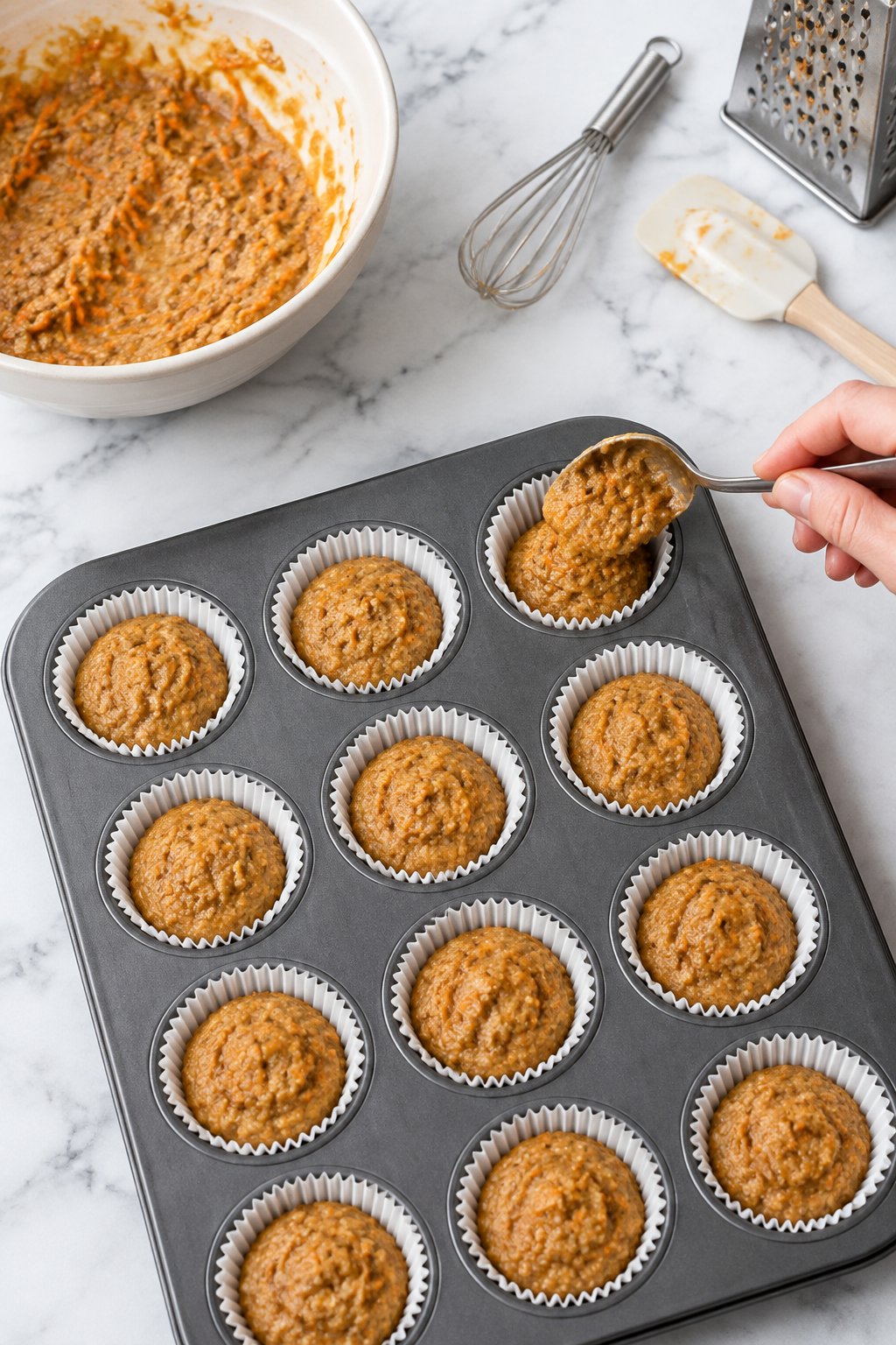 A spoon filling the paper-lined mini muffin cups about three-quarters full with raw carrot batter.