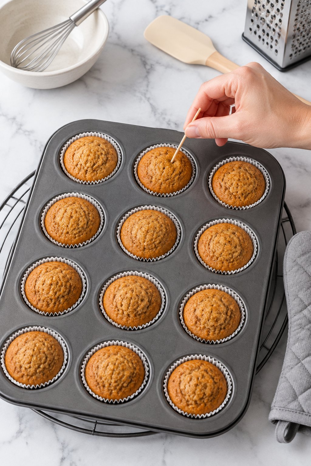 A toothpick testing a freshly baked golden mini pupcake in the pan resting on a trivet, oven mitt beside it.