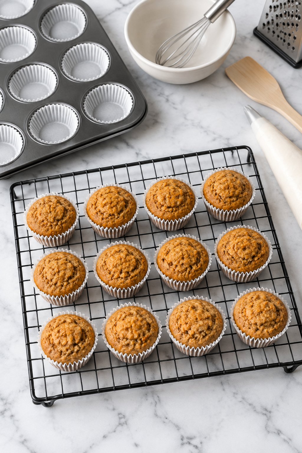 Twelve unfrosted golden mini pupcakes cooling on a black wire rack.