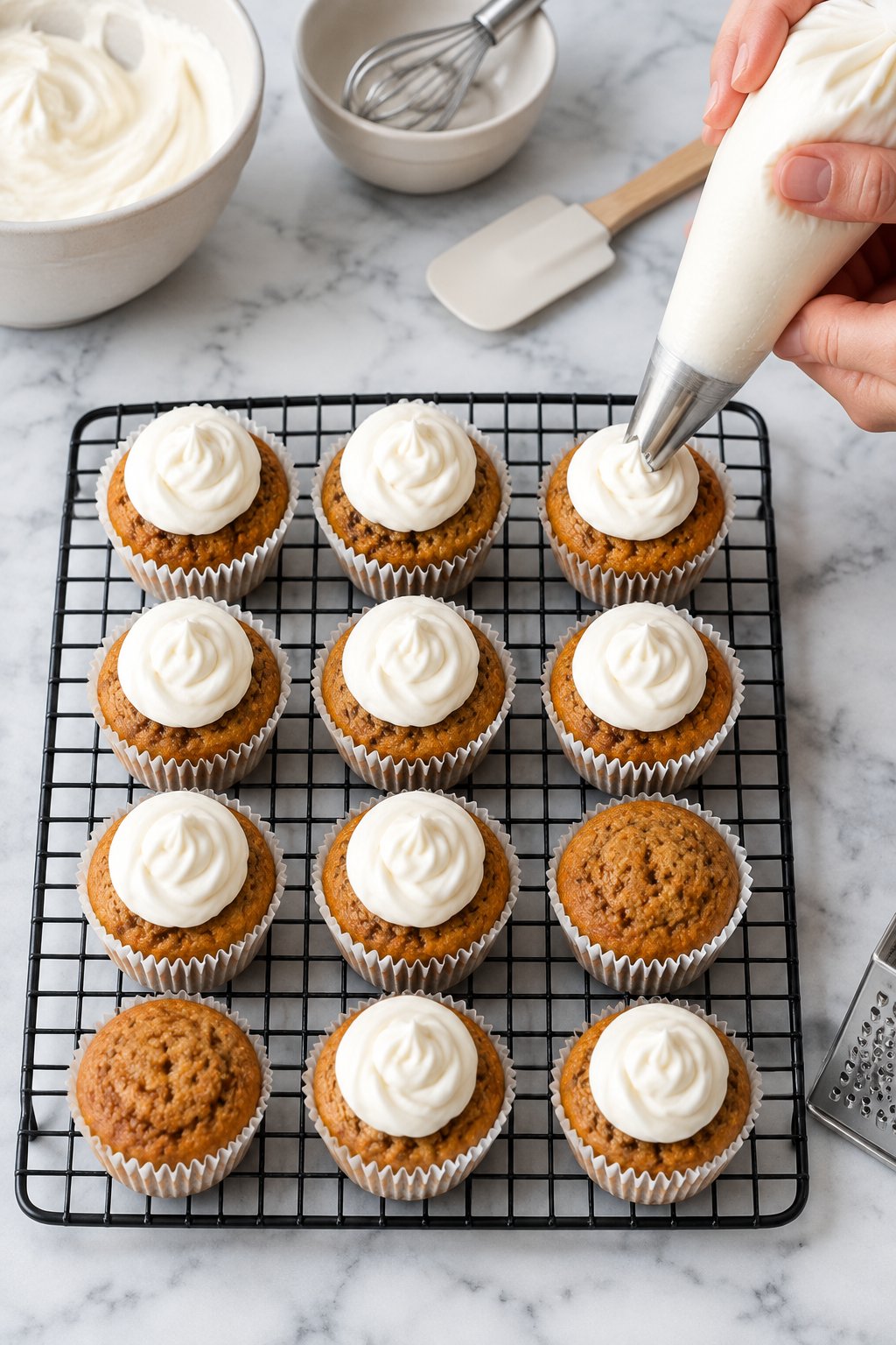 A piping bag adding a white swirl of yogurt and cream cheese frosting onto cooled mini pupcakes on the rack.