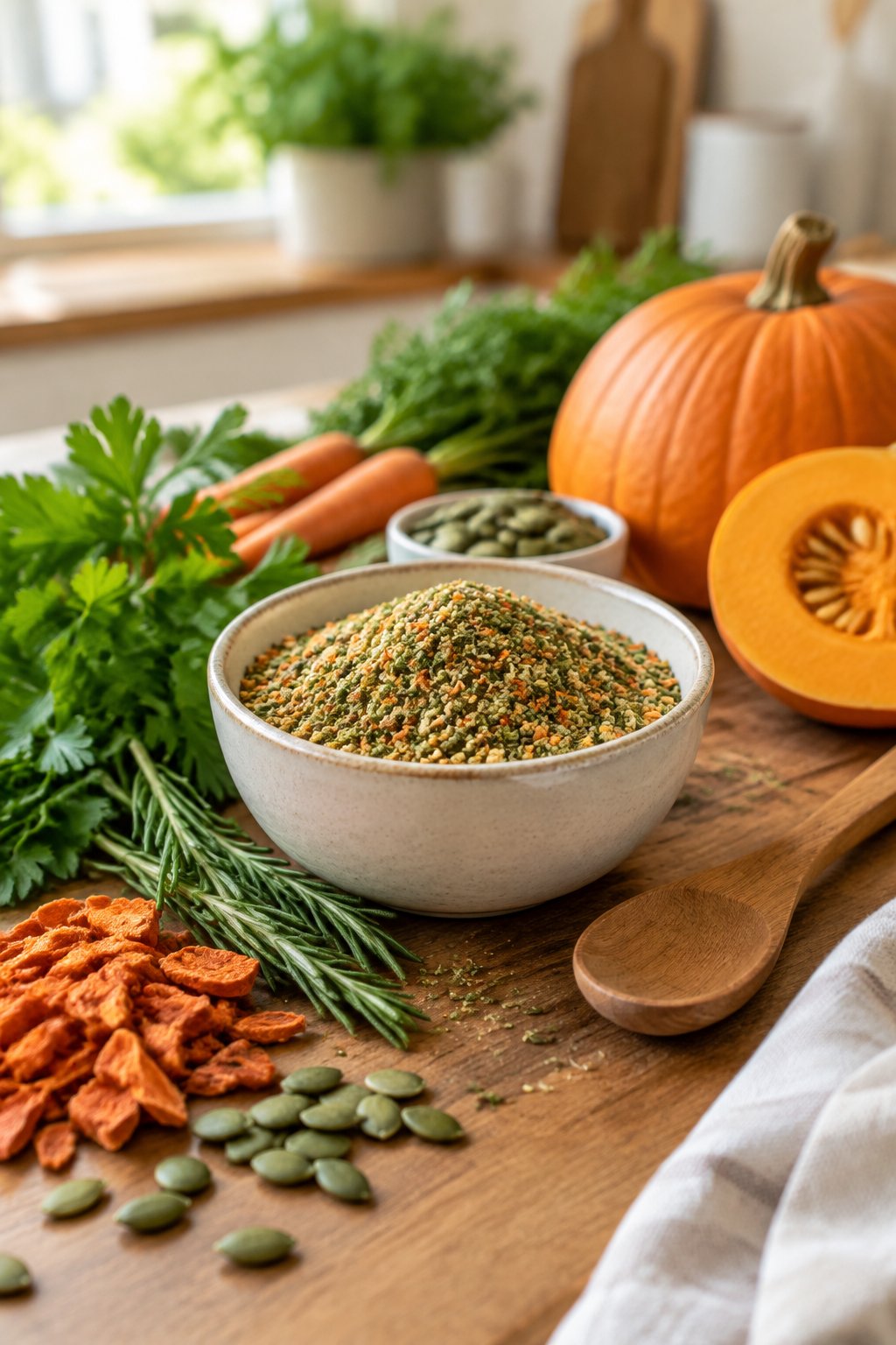 A bowl of homemade dog food seasoning surrounded by fresh herbs and natural ingredients on a kitchen counter.