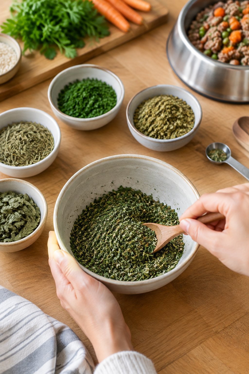 Hands mix dried herbs in a bowl beside small bowls of individual herbs and measuring spoons.