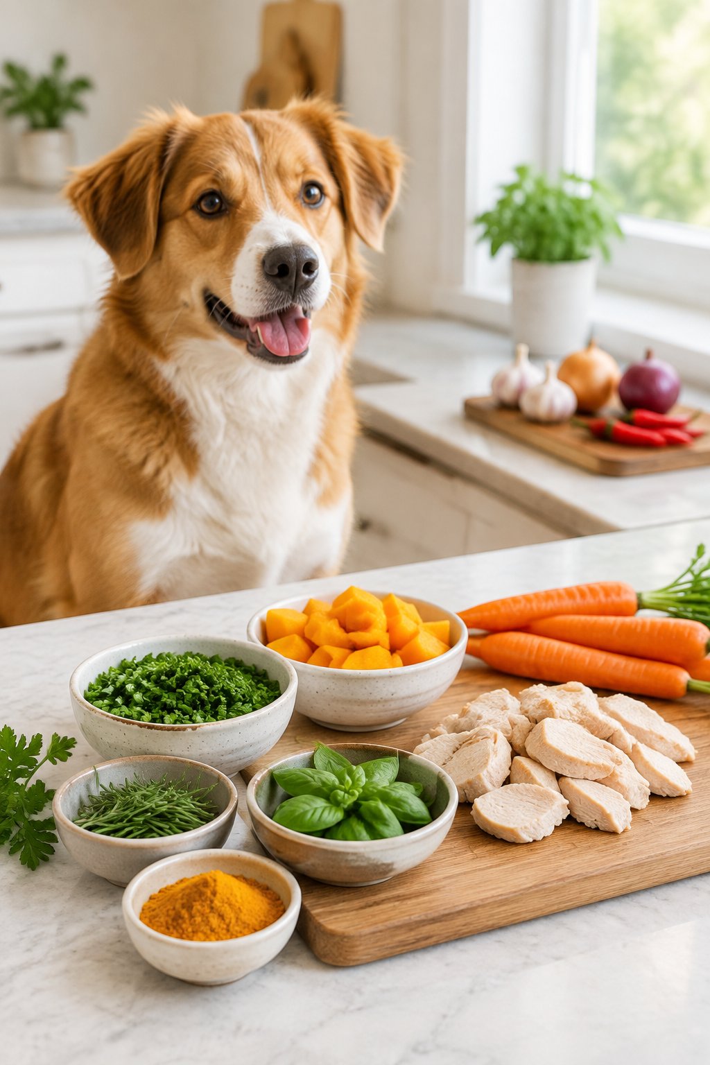 A dog sits beside a kitchen counter displaying fresh herbs, vegetables, chicken, and separate unsafe seasonings.
