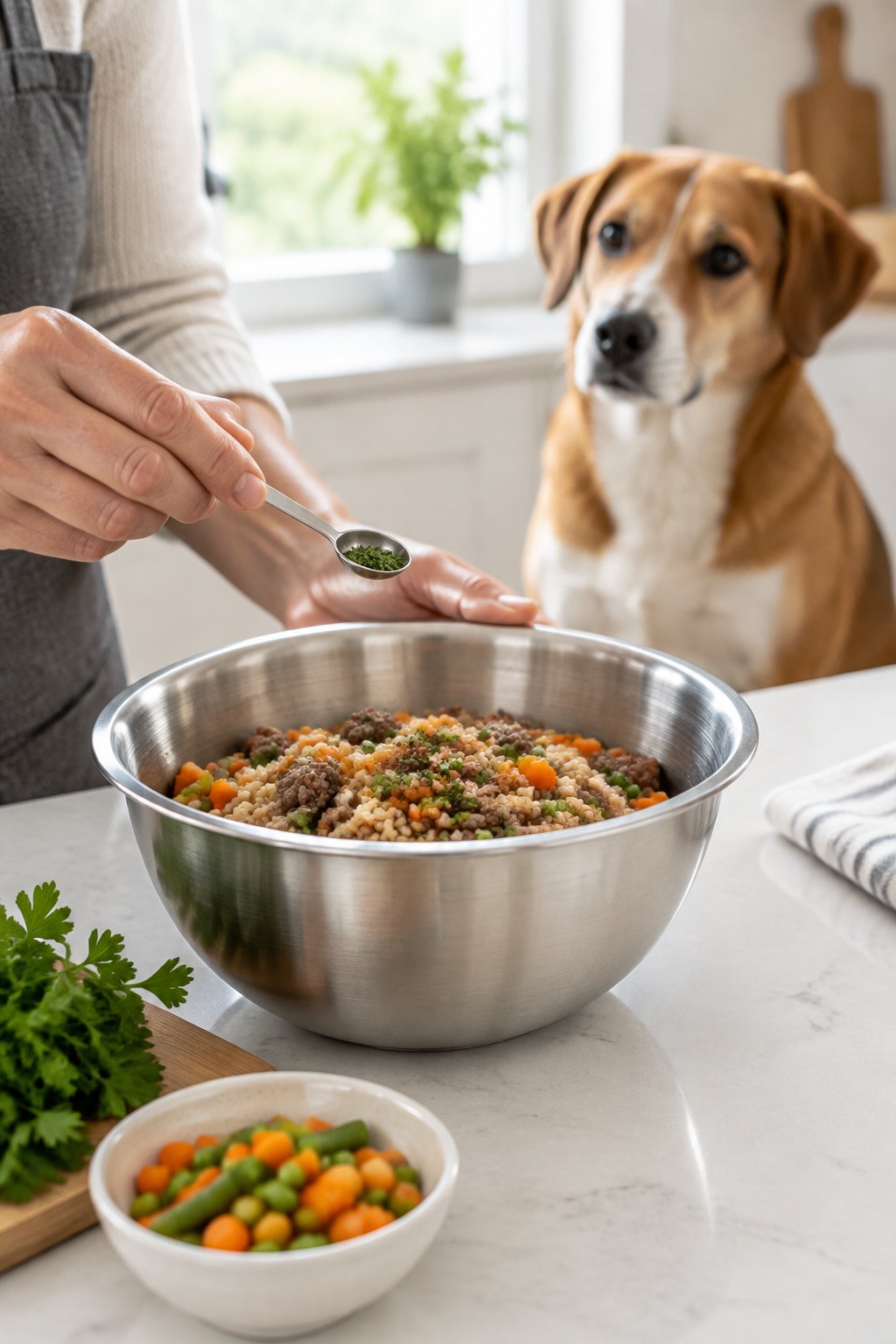 A person adds a small amount of herbs to a bowl of homemade dog food while a dog watches nearby.