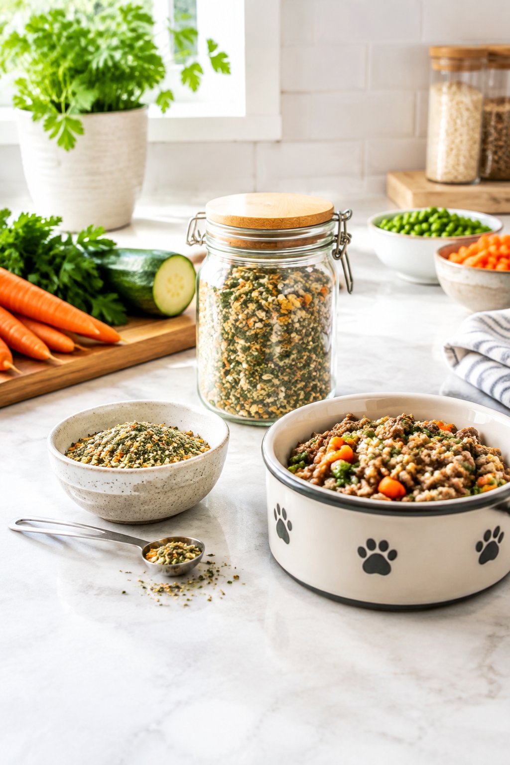 A kitchen counter with homemade dog food, fresh ingredients, a measuring spoon, and an airtight storage jar.