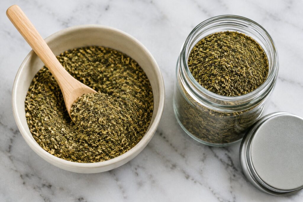 Homemade dog food seasoning, a finely ground green-brown dried herb blend, in an ivory bowl with a wooden spoon beside an open glass jar on white marble.