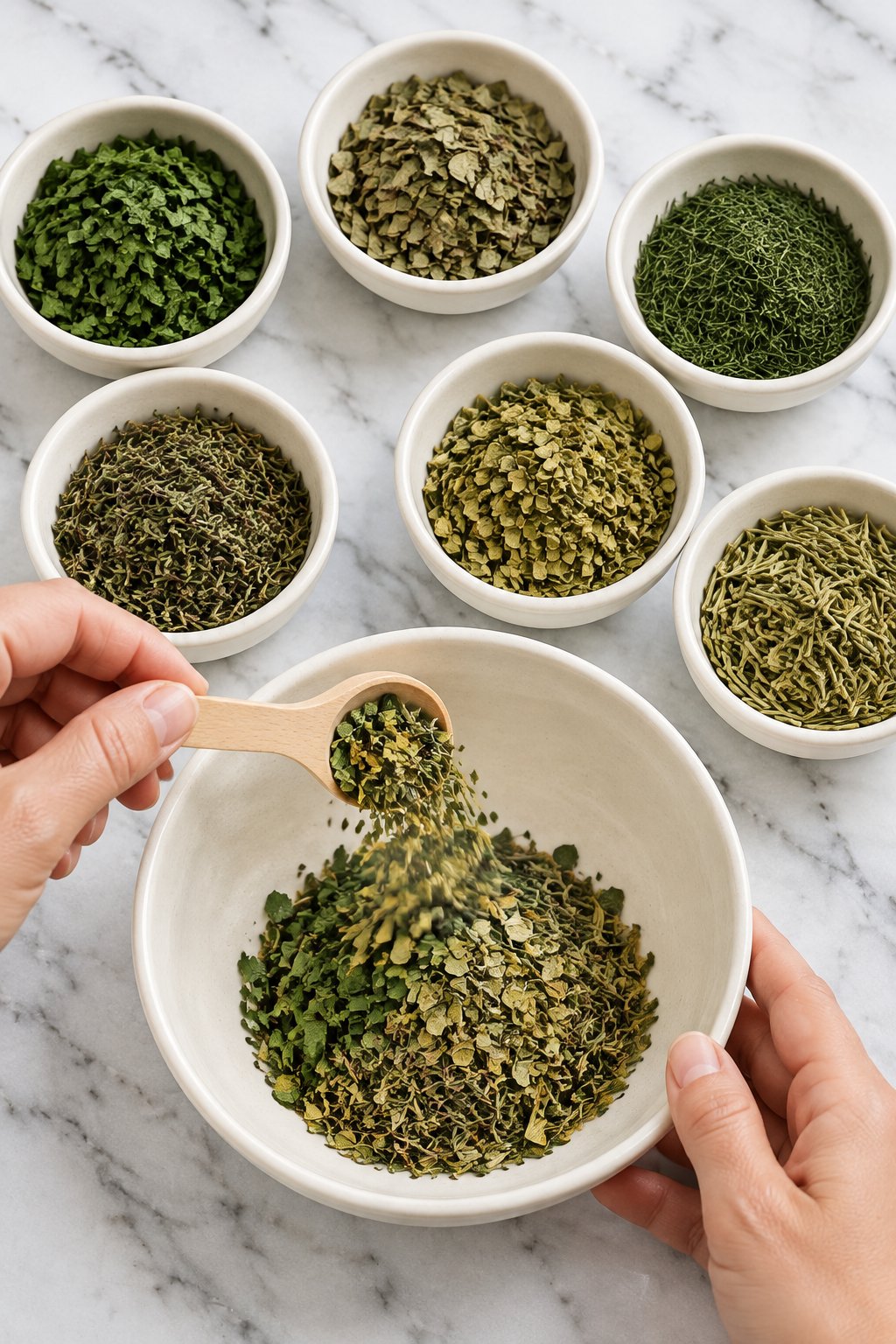 Hands spooning dried parsley, basil, dill, thyme, rosemary and oregano from six small bowls into one ivory mixing bowl.