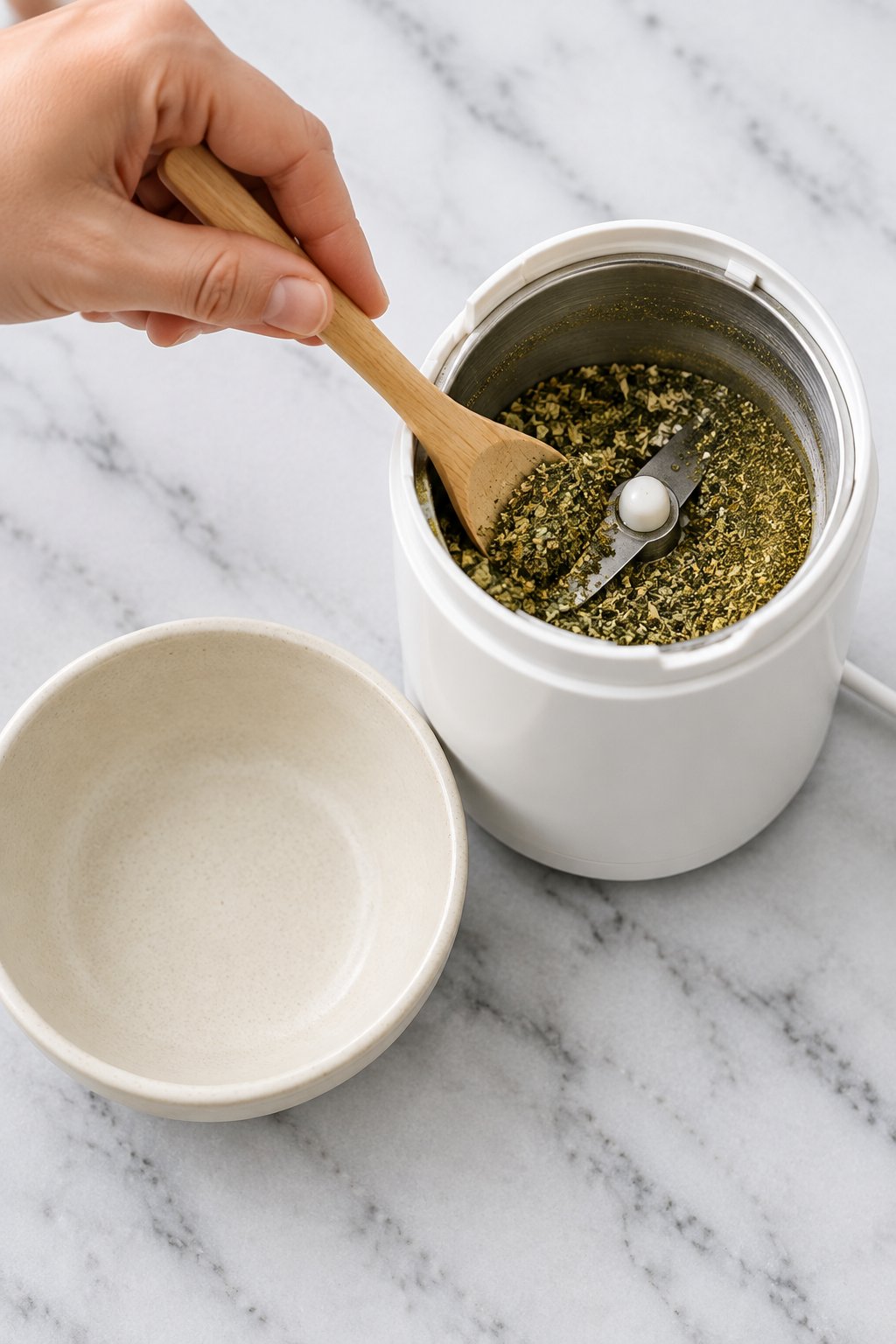 A white electric spice grinder with partly ground dried herbs being scraped down with a wooden spoon.