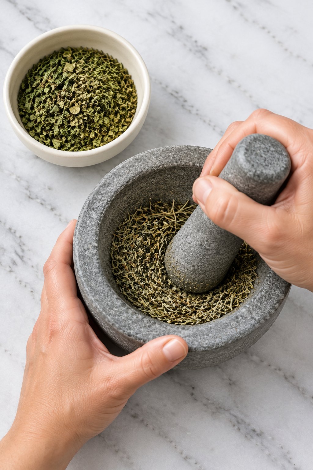 Hands grinding dried rosemary and thyme in a grey stone mortar and pestle beside a bowl of softer dried herbs.