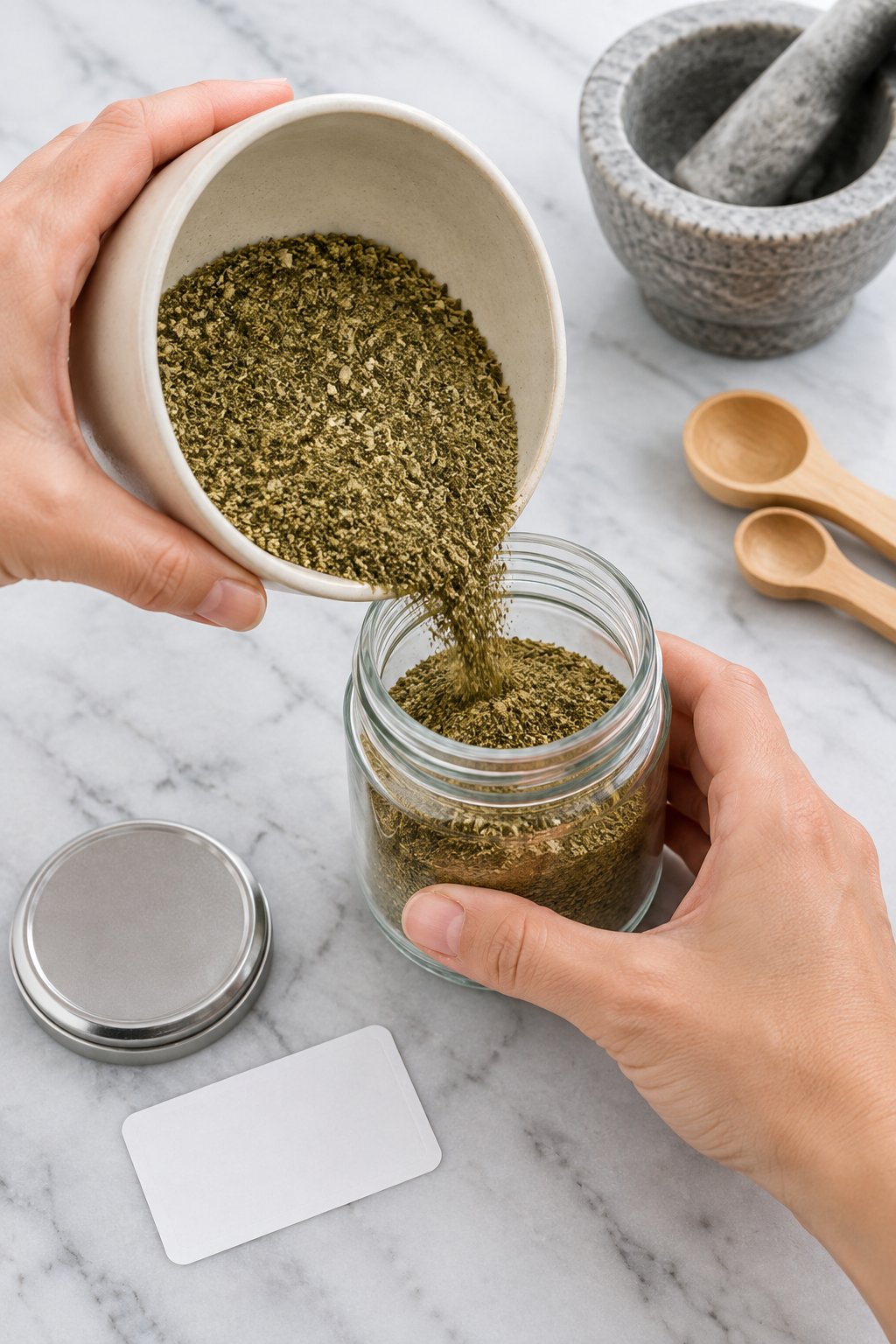 Hands pouring the finished ground herb blend from an ivory bowl into a small glass jar, with its lid and a blank label beside it.