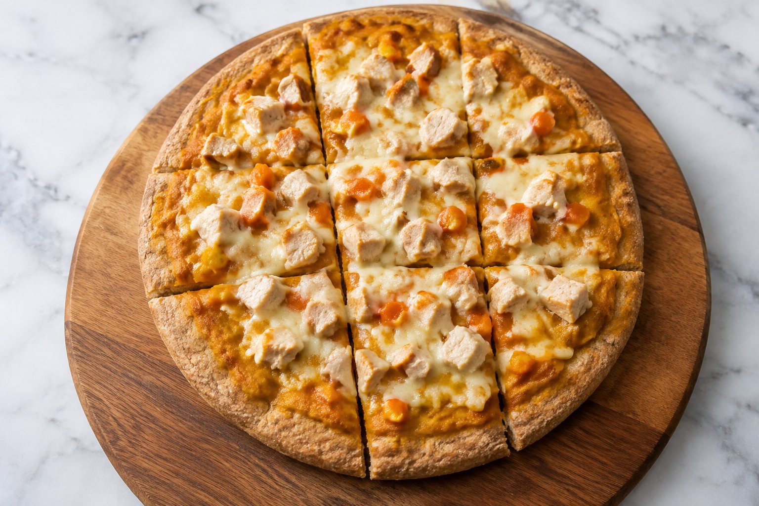 Homemade Dog-Friendly Pizza: A small 10-inch homemade dog pizza on a wooden board, whole wheat crust with golden edges, orange pumpkin sauce, chopped chicken, tiny diced carrot an.