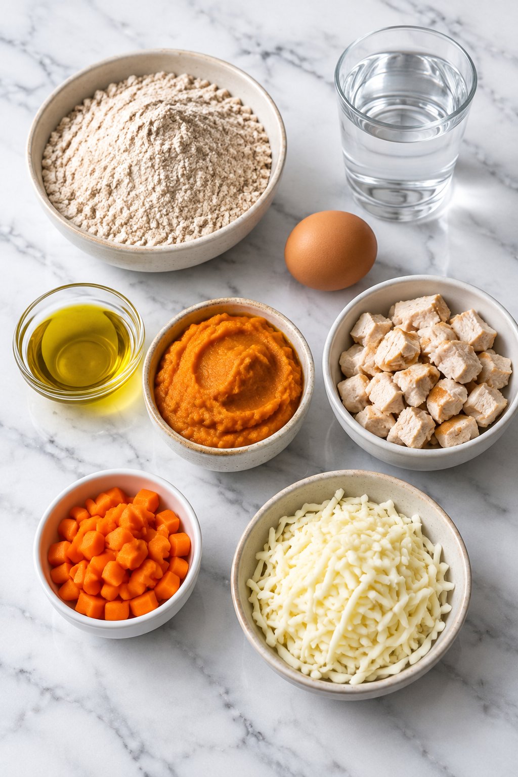 Ingredients for dog-friendly pizza: flour, water, egg, olive oil, pumpkin puree, chicken, carrot and mozzarella.