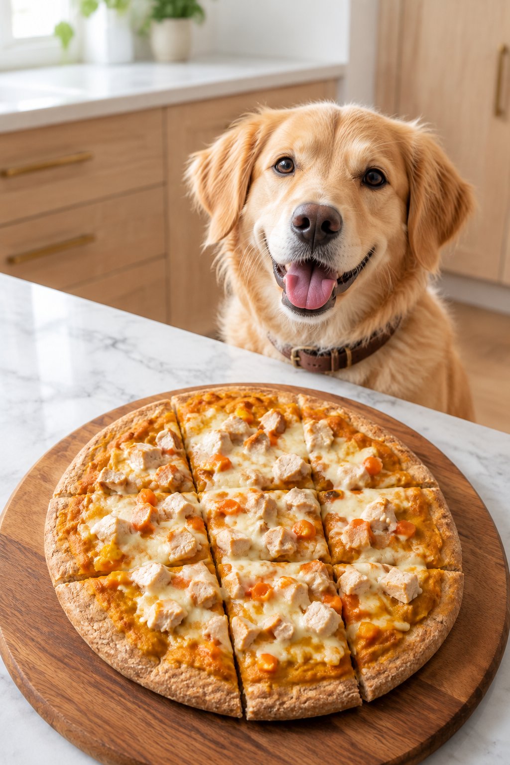 A golden retriever mix peeking at a homemade dog-friendly pizza cut into squares.