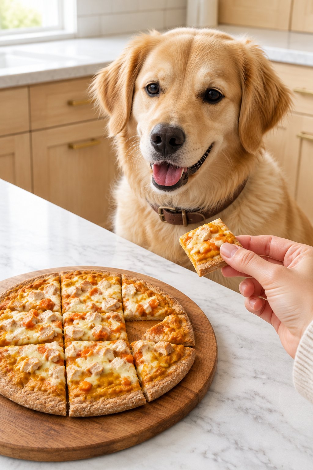 A golden retriever mix looking at small squares of homemade dog-friendly pizza.