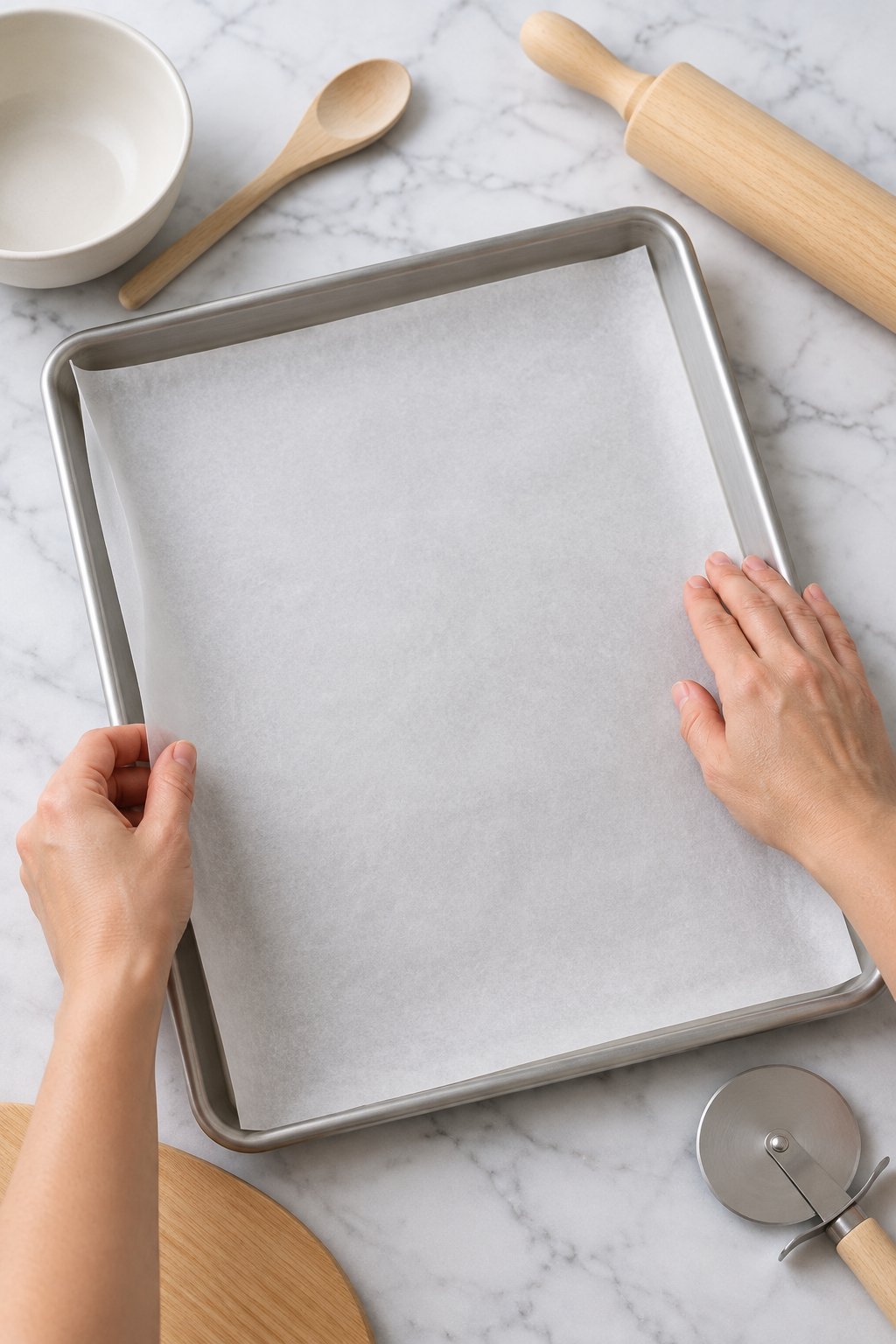 Hands lining an empty baking sheet with parchment paper.