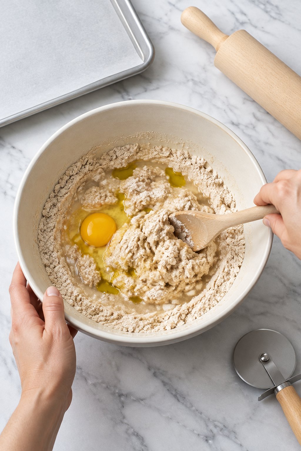 A spoon stirring whole wheat flour, water, an egg and olive oil into a rough dough in an ivory bowl.
