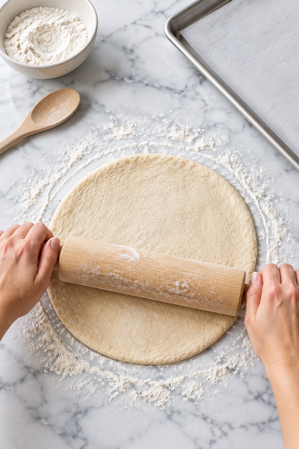 A rolling pin rolling the dough into a 10-inch round on a floured patch of marble.