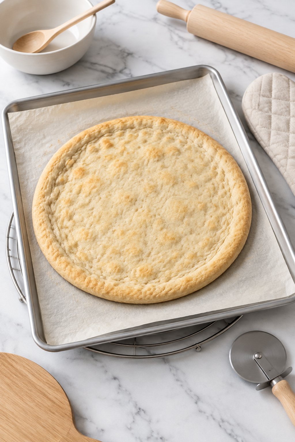 The pale, lightly set pre-baked round crust on the parchment-lined sheet resting on a trivet, oven mitt beside it.