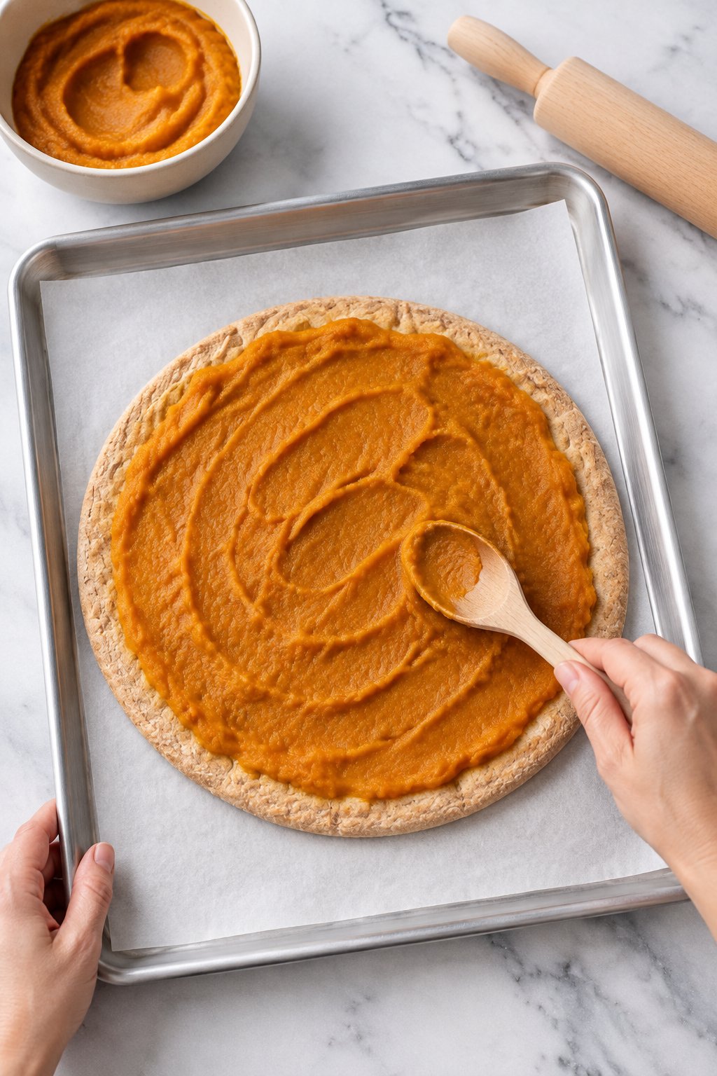The pale pre-baked round crust still on the parchment-lined baking sheet.