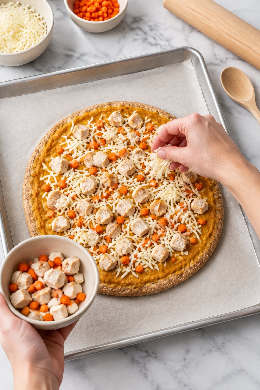 The sauced crust on the parchment-lined baking sheet.