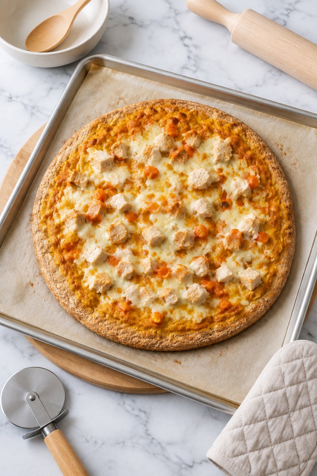 The whole, uncut pizza just out of the oven on the parchment-lined baking sheet resting on a trivet, mozzarella lightly melted, crust edges golden.