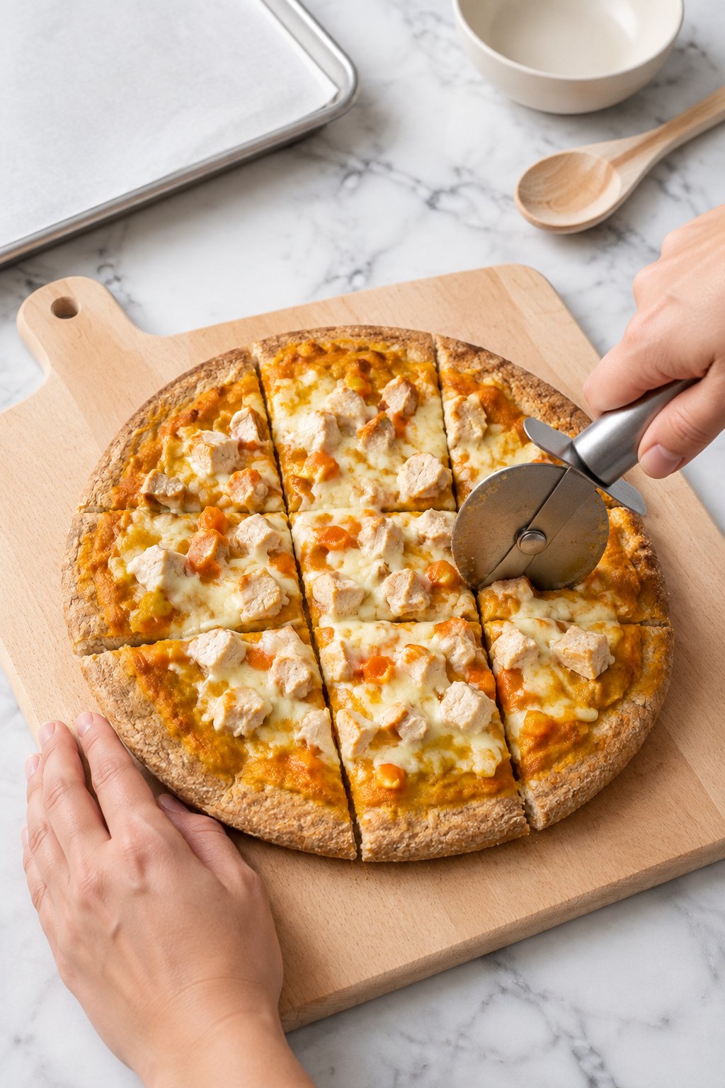 A pizza cutter slicing the cooled dog pizza into small squares on a board.