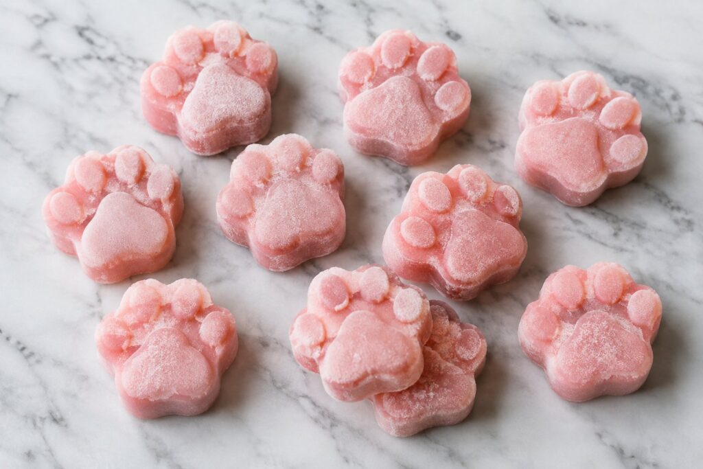 Frozen pale pink paw-print watermelon yogurt dog treats on white marble.