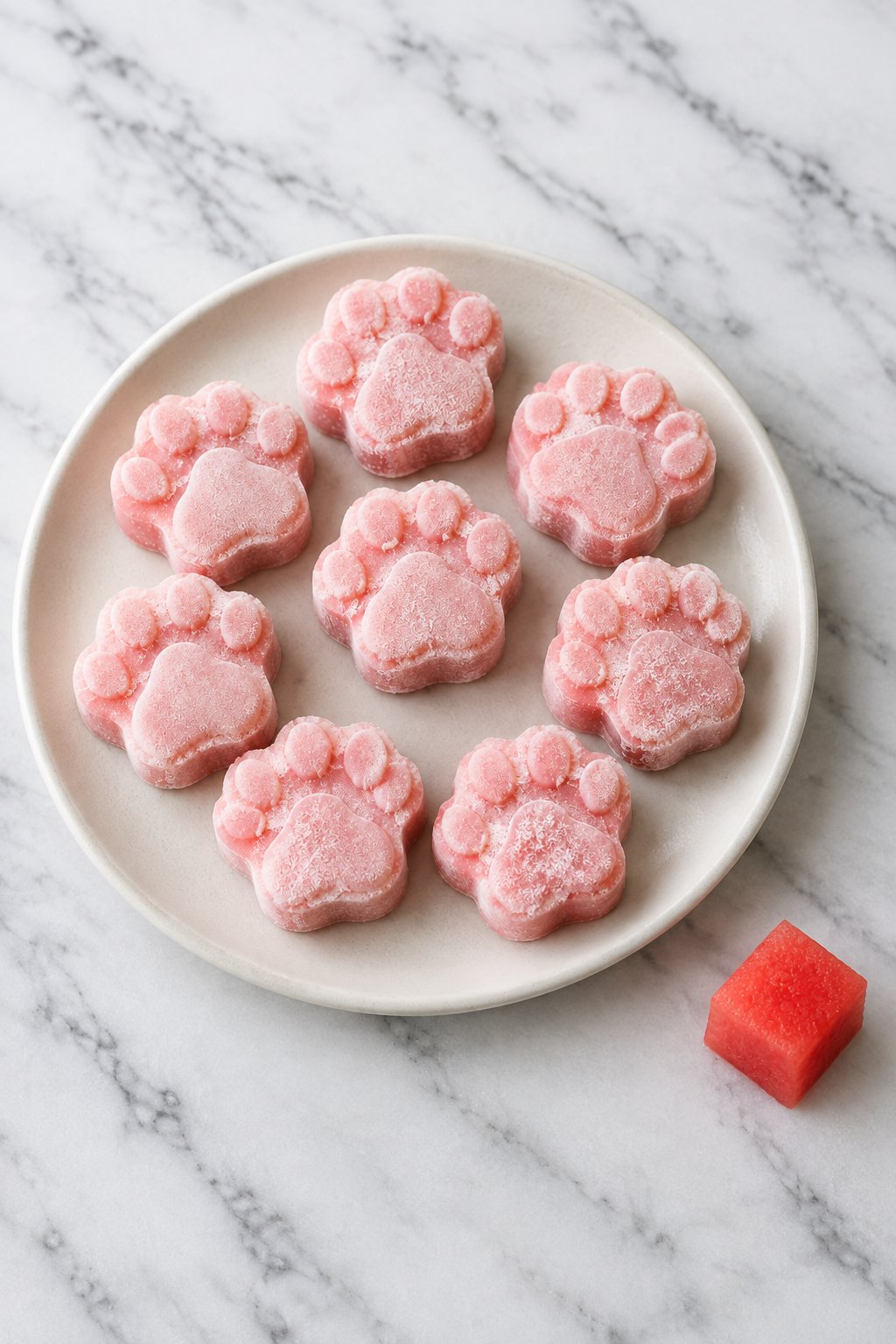 Frozen pale pink paw-print watermelon yogurt dog treats on an ivory plate.