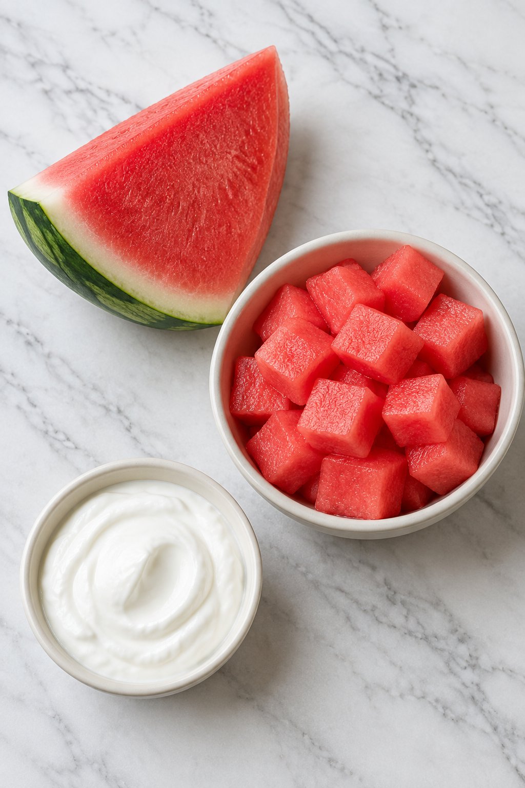 Ingredients for frozen watermelon dog treats: a seedless watermelon wedge, watermelon cubes and plain Greek yogurt.