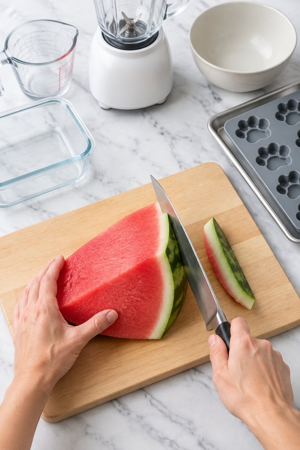 A knife cutting the rind away from a wedge of seedless watermelon on a wooden board.