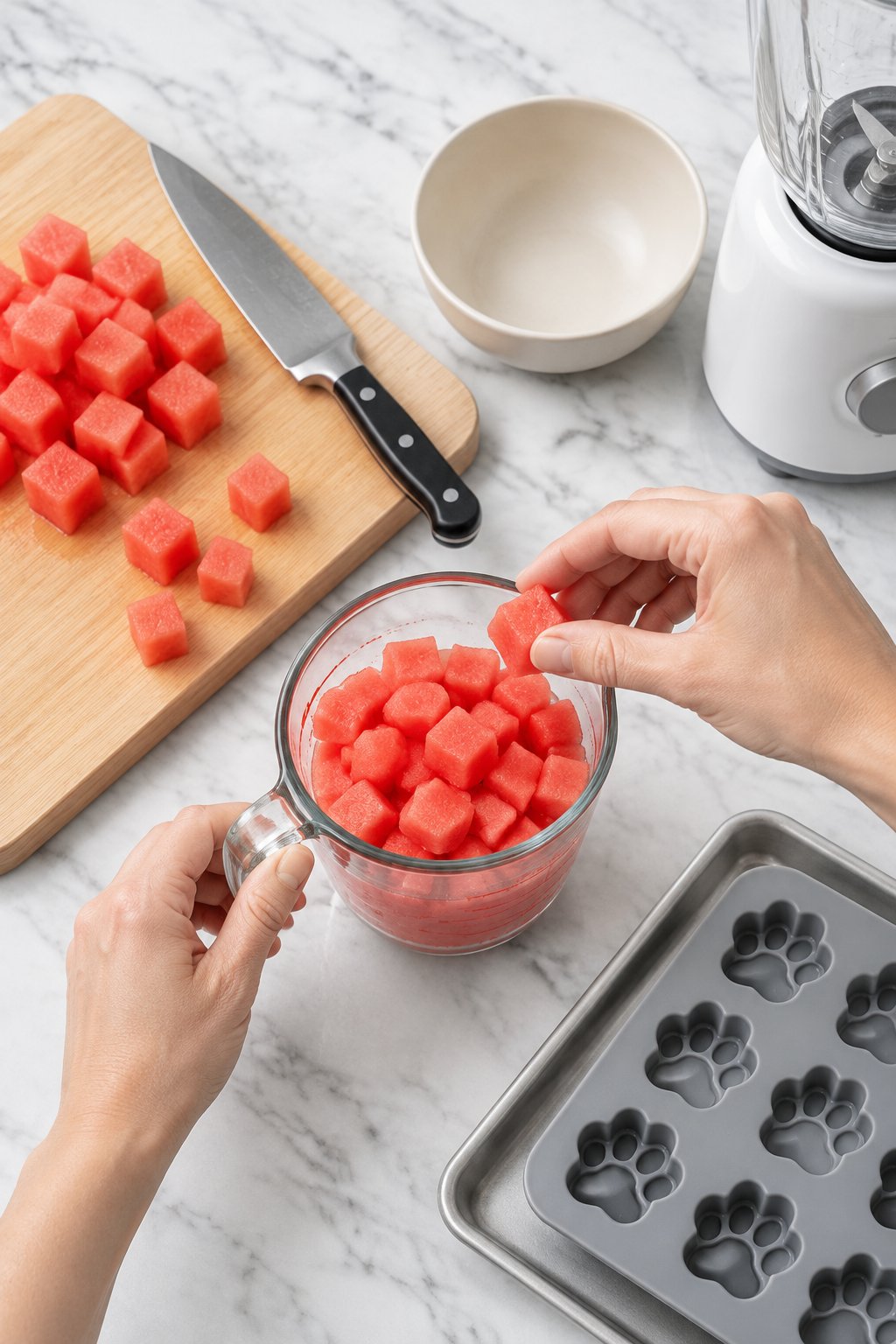 Hands filling a measuring cup with small cubes of watermelon.
