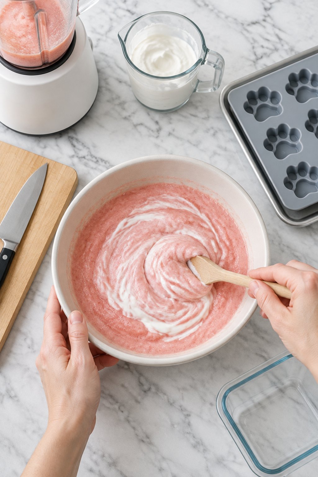 Greek yogurt being stirred into blended watermelon in an ivory bowl.