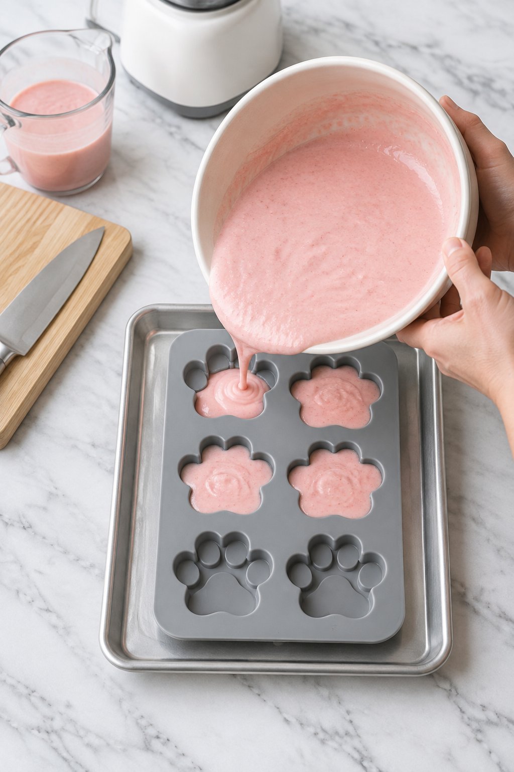 Pink watermelon yogurt mixture being poured into a paw-print silicone mold.
