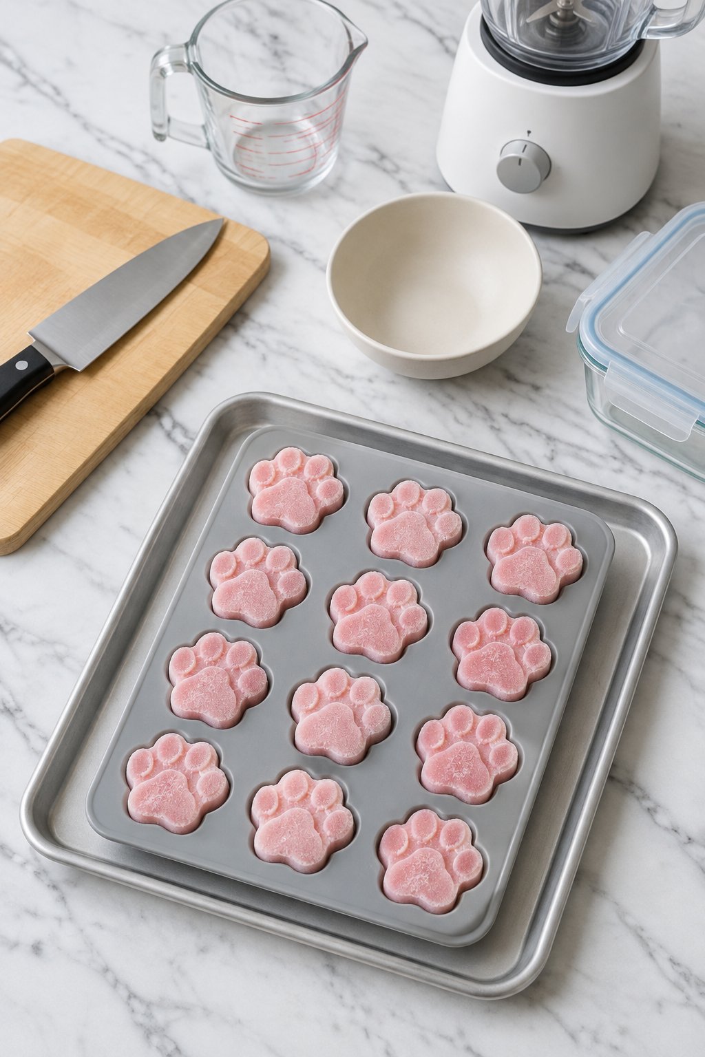 A paw-print silicone mold of frozen watermelon treats on a tray.