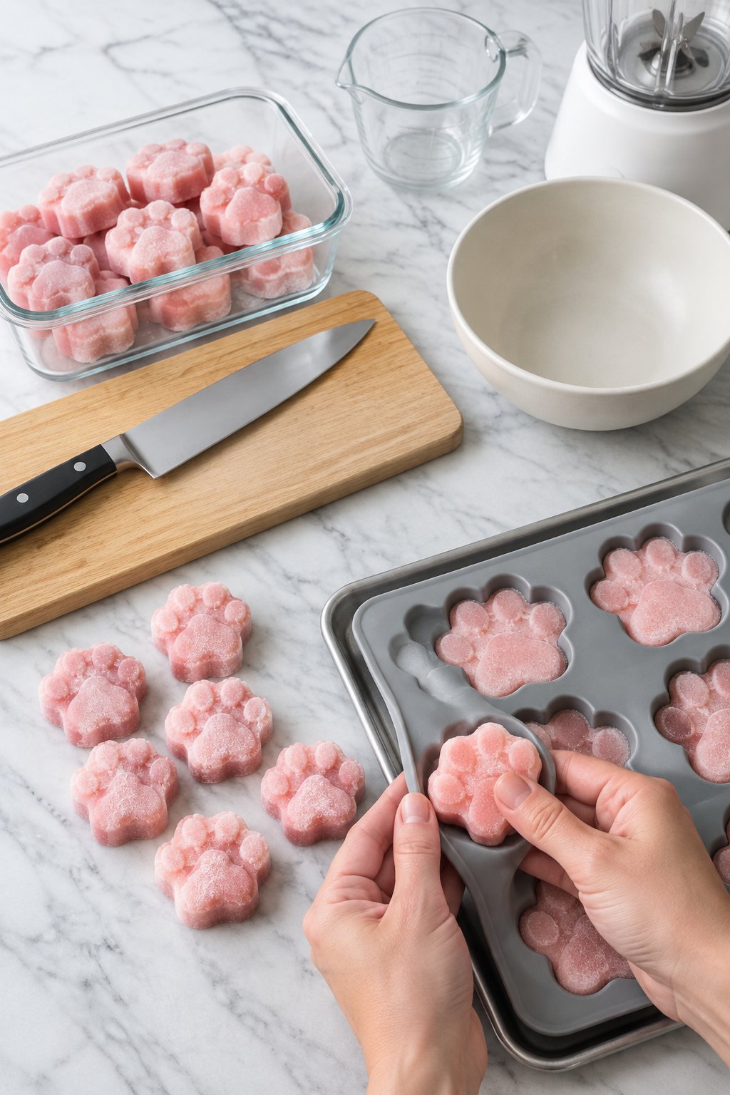 Hands popping frozen pink paw-print treats out of the silicone mold.
