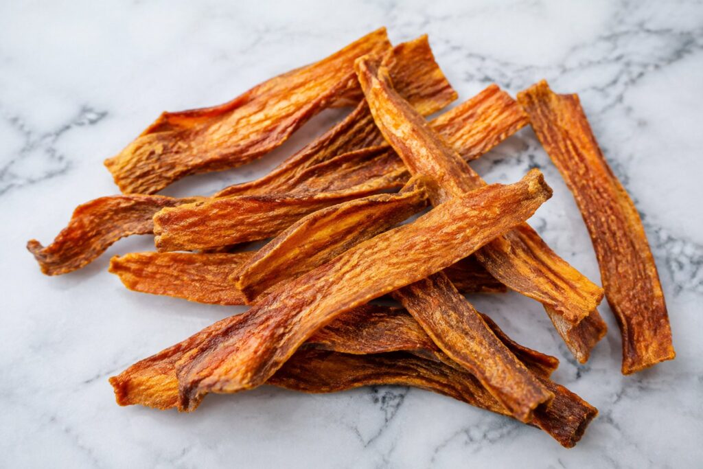 Homemade pumpkin carrot dog chews: dried, deep orange carrot strips coated in pumpkin, piled on a white marble counter.