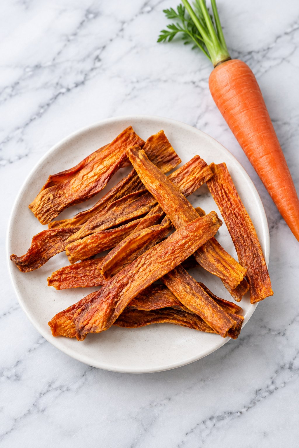 A plate of homemade pumpkin carrot dog chews, dried deep orange carrot strips, beside a whole carrot on white marble.