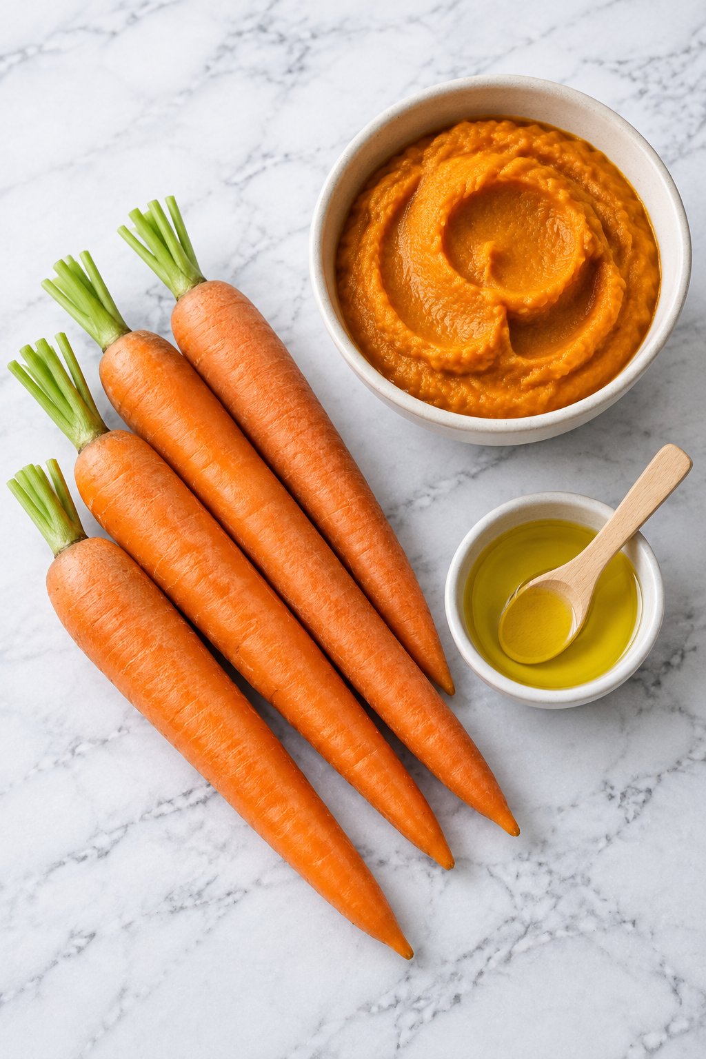 The ingredients for pumpkin carrot dog chews: four large carrots, a bowl of plain pumpkin puree and a small dish of olive oil on white marble.