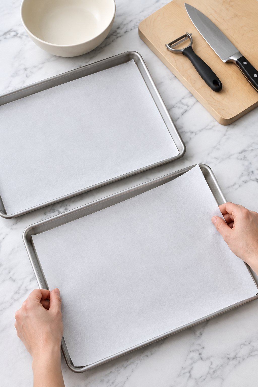 Hands lining two silver baking sheets with parchment paper.