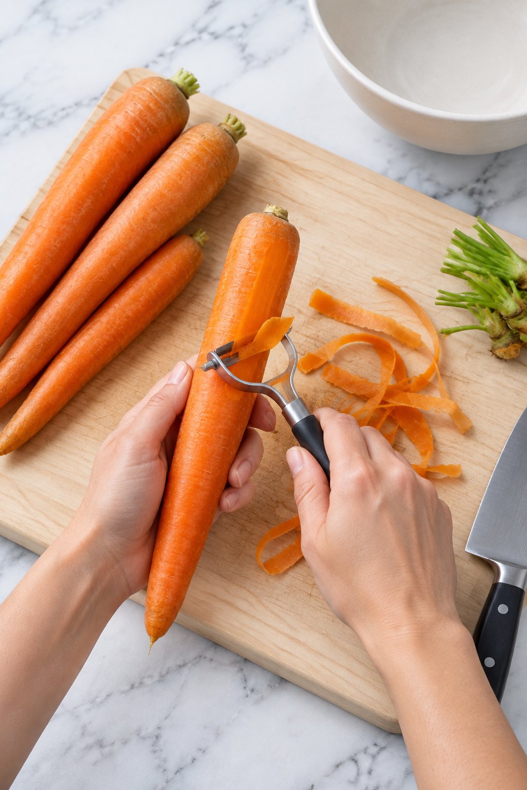 Hands peeling a large carrot with a vegetable peeler on a wooden cutting board beside three more carrots.