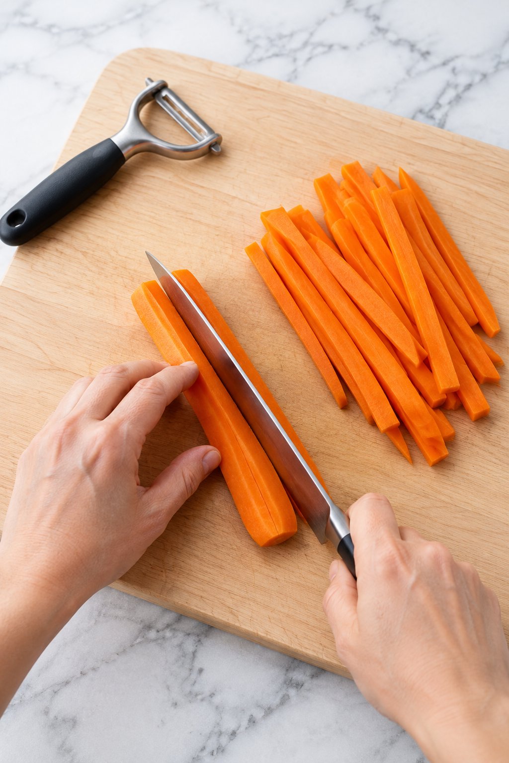 A knife slicing a peeled carrot lengthwise into strips beside a pile of cut carrot strips.