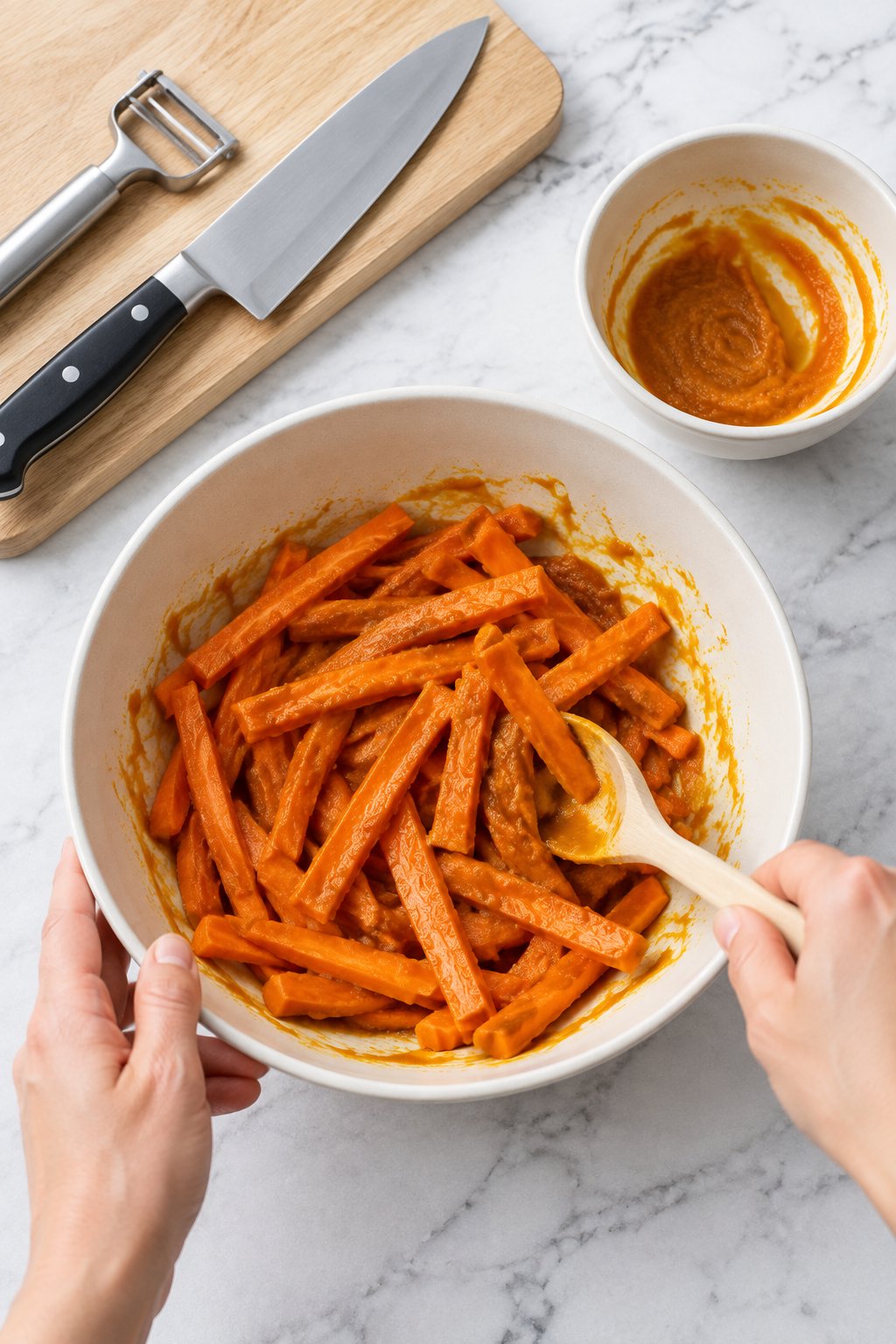 A wooden spoon tossing raw carrot strips in plain pumpkin puree in a large ivory bowl.