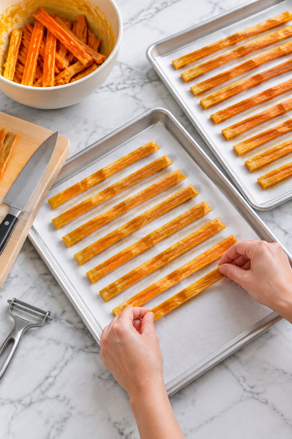 Hands laying pumpkin-coated carrot strips in a single layer on a parchment-lined baking sheet.