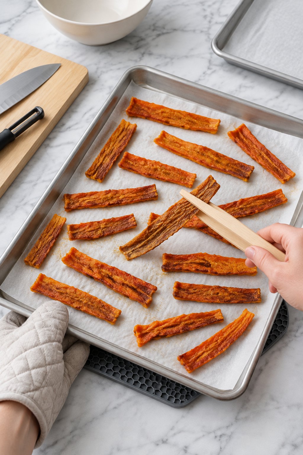 Partly dried carrot strips being flipped with tongs on a parchment-lined baking sheet held with an oven mitt.