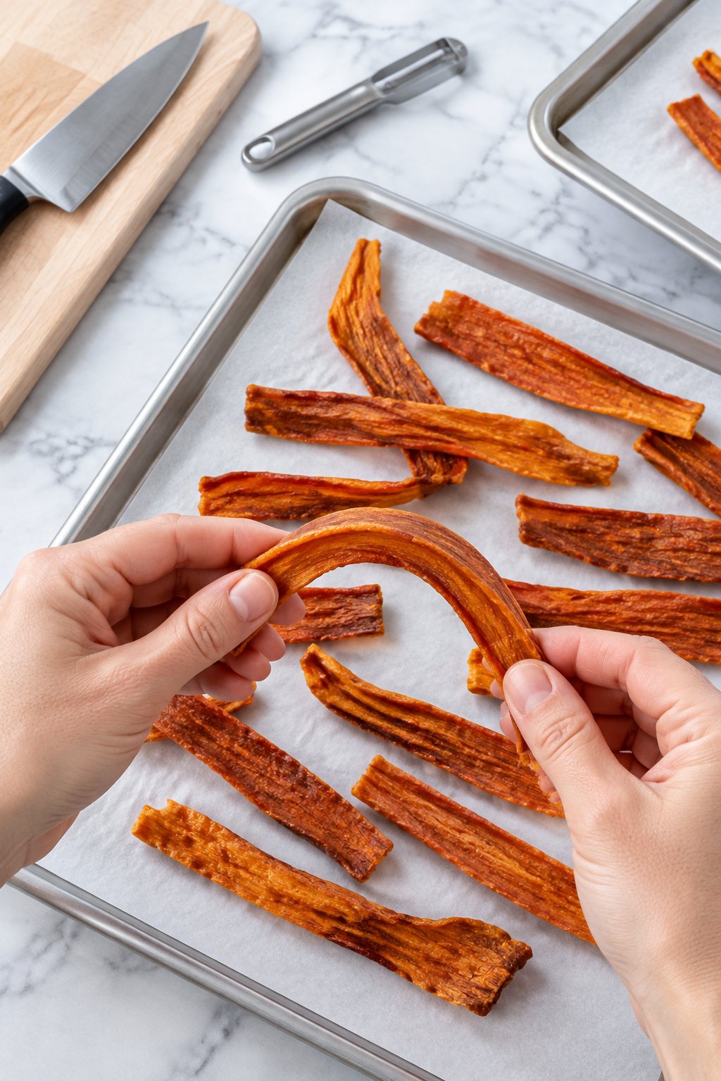 Hands bending a dried pumpkin carrot chew into a curve to show it is dry but still flexible.